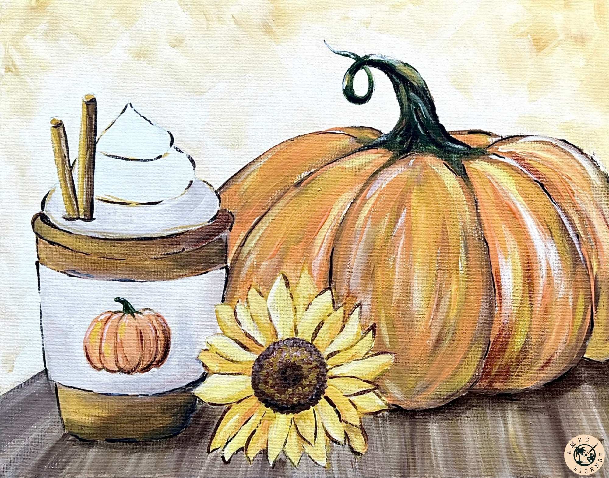 painting of an orange pumpkin, a sunflower and a cup of coffee