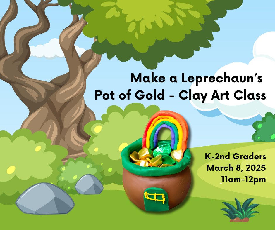 Cartoon background of a tree and sky with a clay pot of gold