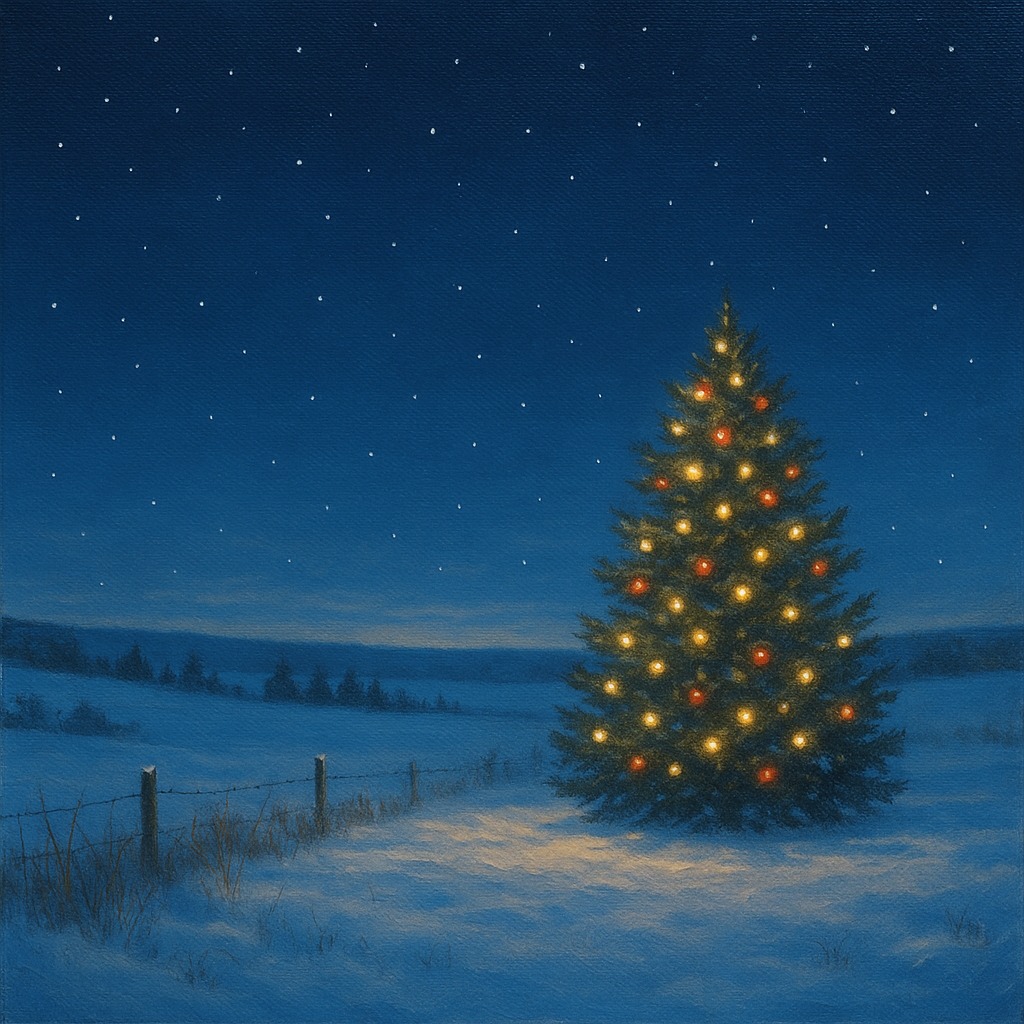 christmas tree in a snowy field at night.